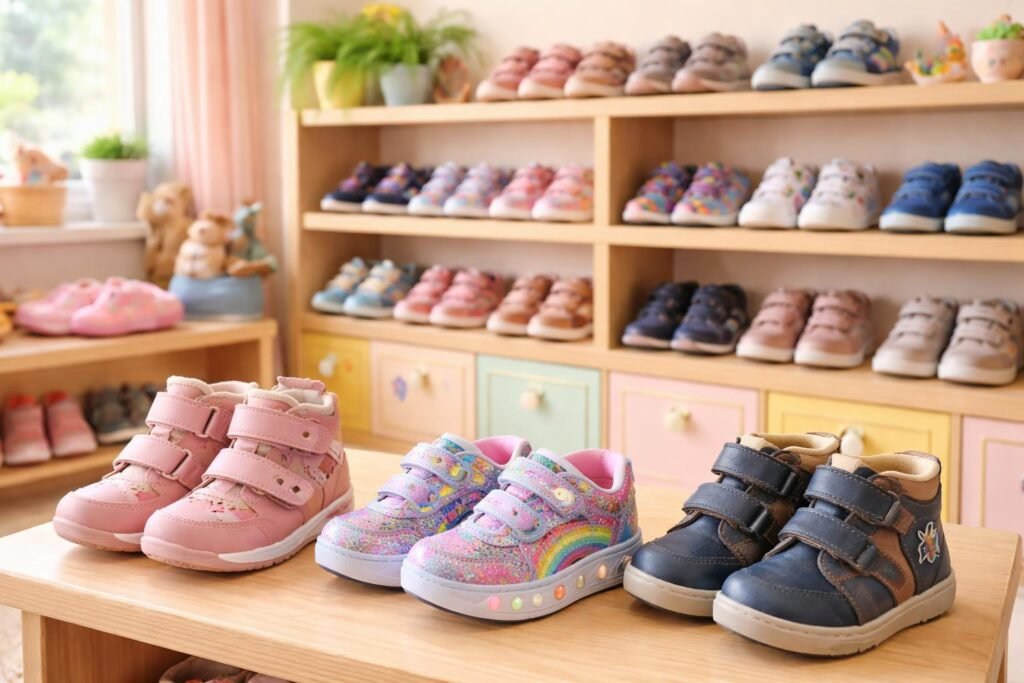 Három gyerekcipő típus összehasonlítása: szupinált cipő, Skechers gyerekcipő és Szamos cipő.